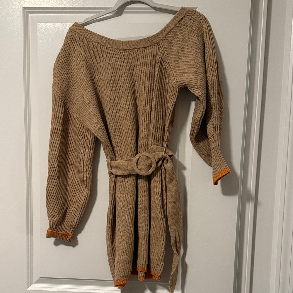 Fate Tan Off-the-Shoulder Sweater with Belt